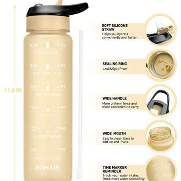 AOMAIS 36oz Motivational Water Bottle with Time Marker & Straw 360° Leak-Proof - Picture 2 of 10